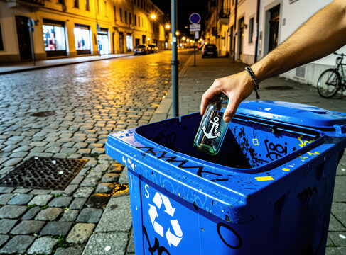 Person hand puts empty glass bottle into blue recycle bin on city street at night. Man drops rubbish container for waste disposal outdoors. Urban environment scene with recycling sign on plastic box