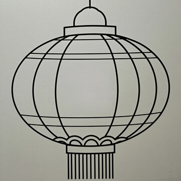 Minimalist black outline drawing of Chinese lantern with round shape, hanging fringe on grey background. Style graphic icon for Asian culture celebration holiday decor banner card design simple logo