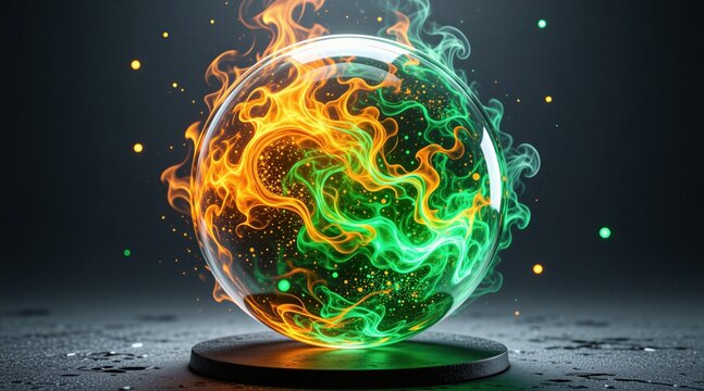 Abstract glass sphere contains swirling orange flames, green smoke clouds. Glowing magic orb radiates light on dark surface. Colorful fire energy rotates inside transparent ball. Digital art