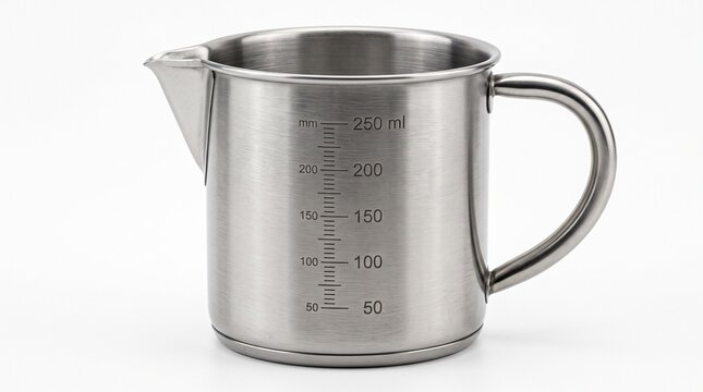Stainless steel measuring cup with handle with cylindrical stainless handle spout copy space professional ingredient milliliter shimmering with precision