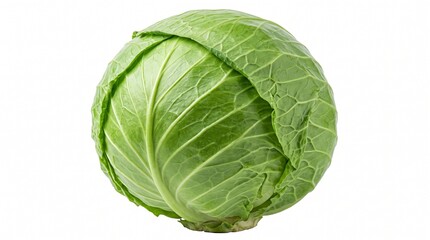 Obraz premium Fresh green cabbage head displaying crisp leaves and organic texture isolated on white background with veins isolated clean detailed leaf veins