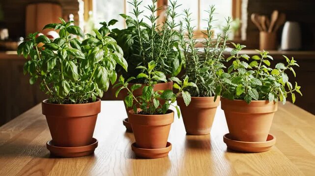 Herb garden in clay pots on a wooden table with soft focus kitchen background, cooking ingredients