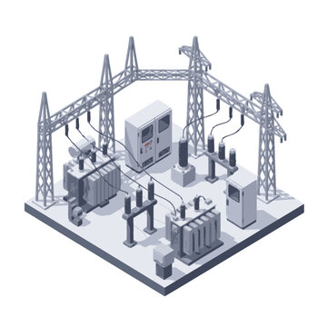 Isometric view of electrical substation with transformers and power lines.