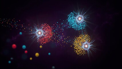 Fototapeta premium Spheres generate vibrant particle clouds that represent complex scientific data flows on a dark and infinite background plane.
