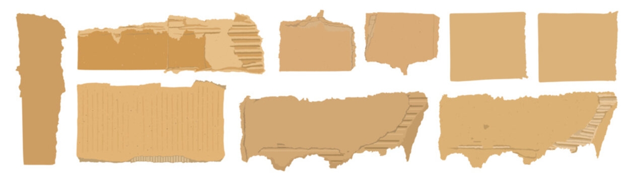 Set of torn cardboard pieces brown corrugated paper fragments isolated on vector.