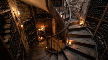 Fototapeta premium Spiral staircase leading down into a wine cellar with wooden steps, stone walls, and shelves filled with wine bottles illuminated by candlelight