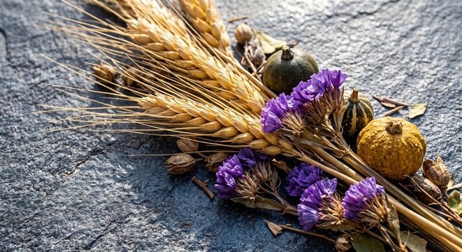 Composition of golden wheat stalks purple statice flowers and mini pumpkins lies on a dark textured surface Thanksgiving Day