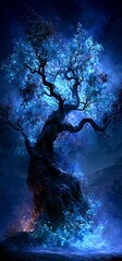 Obraz premium Fantasy magic tree glowing under dark starry night. Magic tree glowing luminous blue light in a mystical dark fantasy night landscape