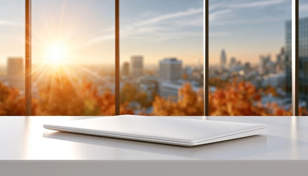 Minimalist Closed Laptop on White Desk with Blurred Autumn City View from Large Window Backdrop.