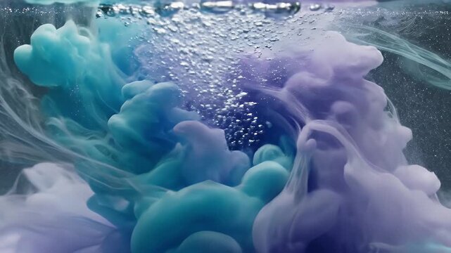 Abstract swirls of purple and teal ink dissolve in water.