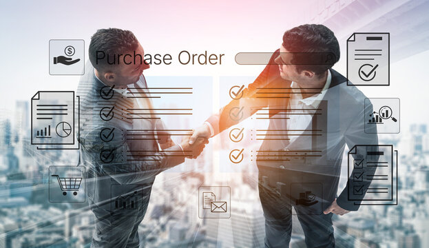 Business Partnership and Transaction Agreement with Digital Purchase Order Overlay in Modern Urban Environment. Bitwise.