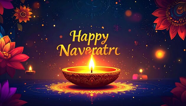 Colorful oil lamp with diya during Navratri celebration.