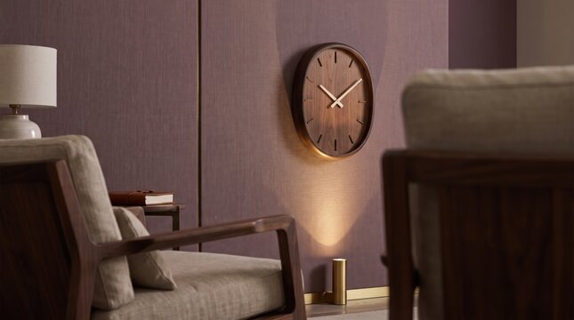 Oval walnut wall clock accented by a focused floor uplight on a mauve fabric wall, paired with a linen armchair, ceramic lamp, closed book, and warm wood details in a quiet reading corner scene