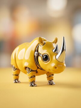 Cute yellow robotic rhinoceros toy with metallic horn