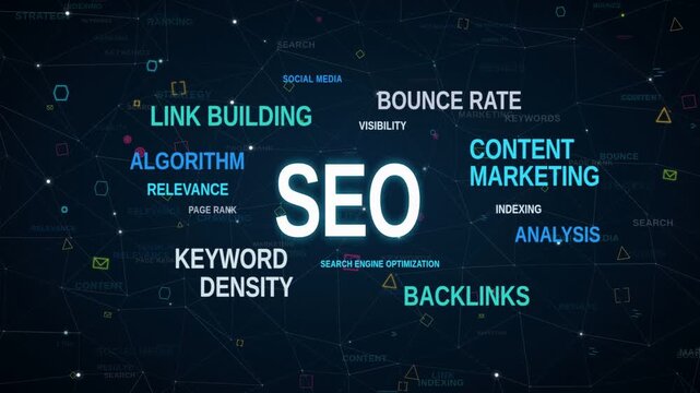 SEO digital marketing word cloud animation with search optimization keywords on tech network