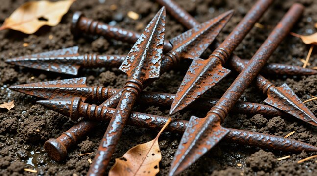 Old metal arrowheads lie scattered on dark brown ground soil. Rusty iron weapon points remain unearthed from earth after archeological excavation project. Antique primitive relic tools feature