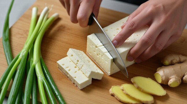 Hands slice firm white cheese on wooden board with spring onions and ginger root. Preparing healthy ingredients for cooking fresh meal at kitchen counter. Natural food prep.