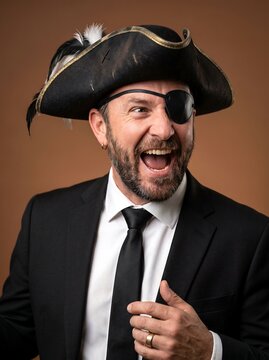 Businessman in suit wearing pirate hat and eyepatch laughing