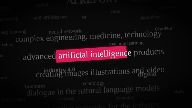 Artificial intelligence kinetic text animation with highlighted keywords and editorial word cloud