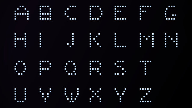LED dot matrix pixel font alphabet letters set on black background for digital display design