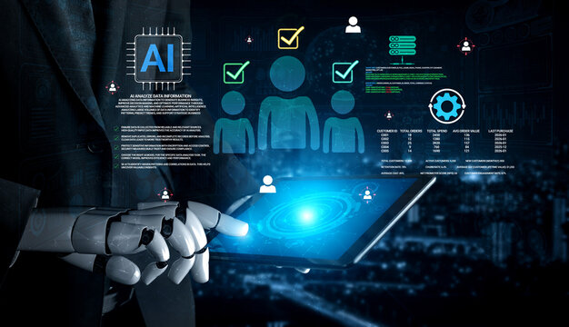 Futuristic AI Interaction with Data Analysis and Visualizations on Digital Tablet Displaying User Management and Insights Haptic.
