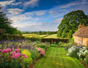 Fototapeta premium rustic english country garden with charming flowers and green fields