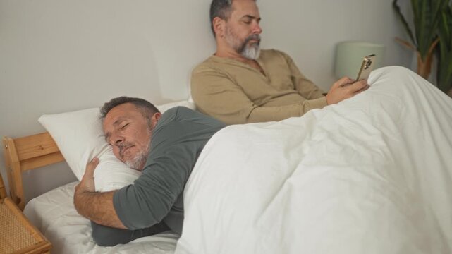 Two men in bed, one awake holding a smartphone while the other sleeps beside him in a building; quiet loneliness.