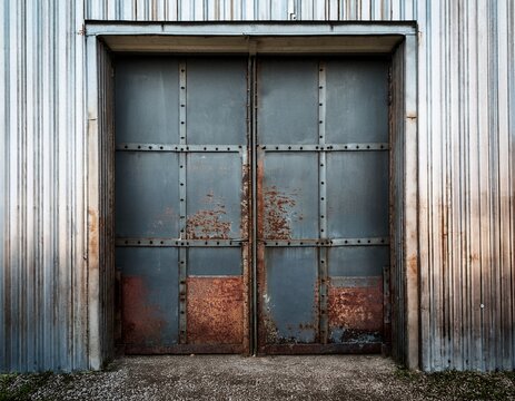 vintage metal doors on an industrial building rustic and weathered warehouse entrance