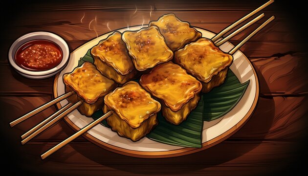 Satay Or Sate Wooden Background Generated Image