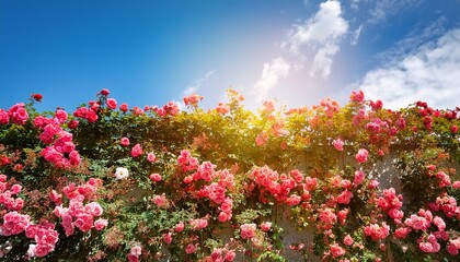 Obraz premium Vibrant Rose Flower Wall With Blue Sky And Bright Natural Sunlight