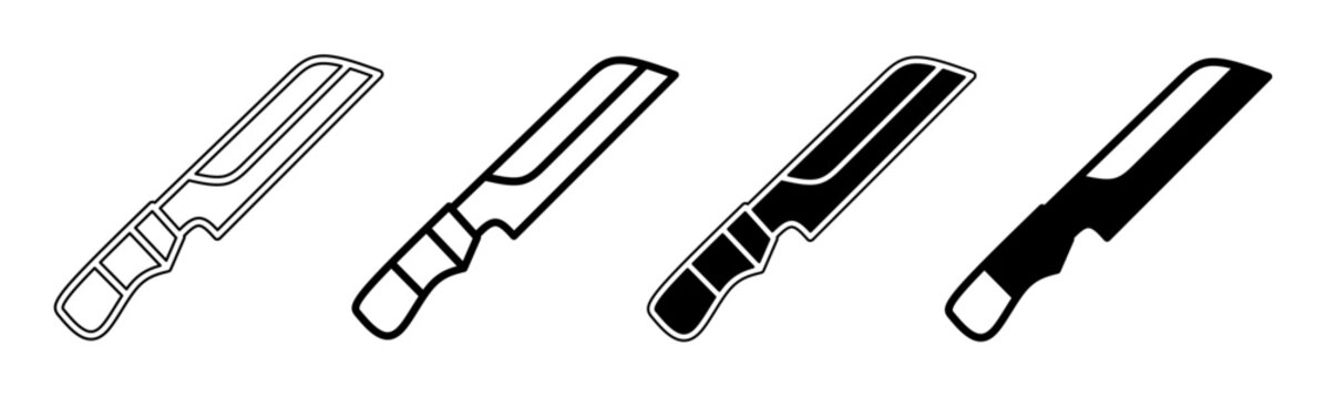 A collection of minimalist knife icons featuring outline and solid black and white styles.
