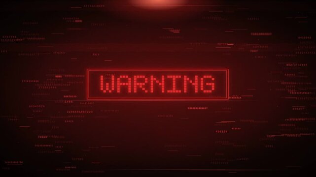 Red warning alert screen animation with glitch text on digital code background and danger sign