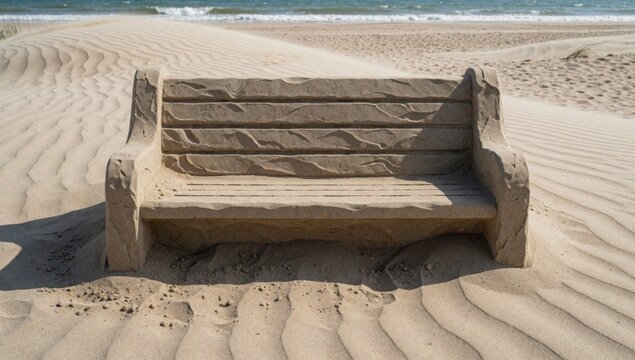 Concrete bench sandy beach made light-colored material possibly stone has curved backrest armrests appears emp