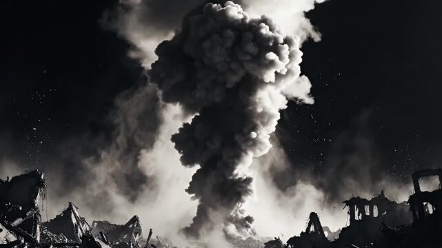 A massive explosion creates a mushroom cloud amidst the ruins of a city.