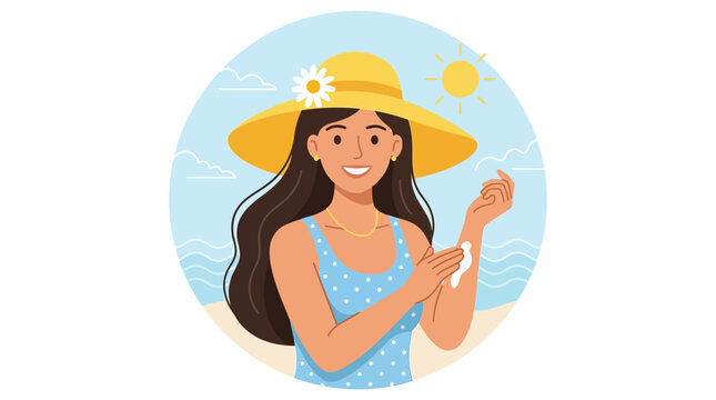 Flat vector illustration of a smiling woman applying white sunscreen lotion on her tanned arm