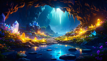 Fototapeta premium Enchanted Crystal Cave with Glowing Gemstone Path