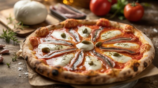 The national dish of Italian cuisine. 
Pizza Napoletana / Romana &mdash; tomato sauce, mozzarella, anchovies, capers, oregano. 