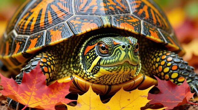 Detailed close up of vibrant painted turtle resting on colorful autumn leaves. Turtle intricate shell pattern, bright yellow green markings on head, legs. Macro shot shows reptile texture detail.