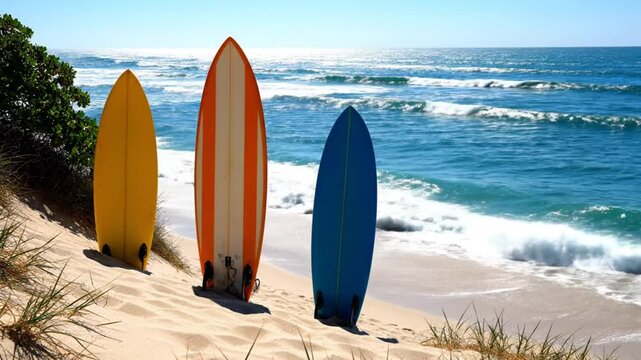 Three colorful surfboards stand on a sunny beach, overlooking the ocean waves under a bright blue sky