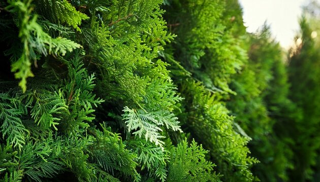 Closeup Of Fresh Green Branches From A Green Hedge Of Thuja Trees