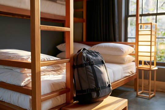 Backpack rests by a bunk bed in a sunlit hostel room