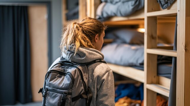 Young traveler with backpack enters a hostel dormitory with bunk beds