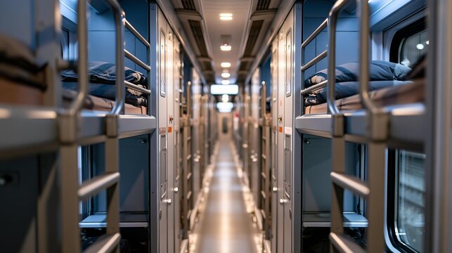 Perspective view inside a passenger train sleeping compartment with bunk beds
