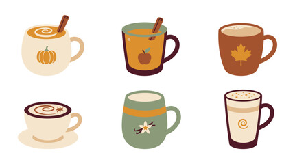 Obraz premium Cozy autumn beverage collection with pumpkin spice latte and apple cider in flat vector style.
