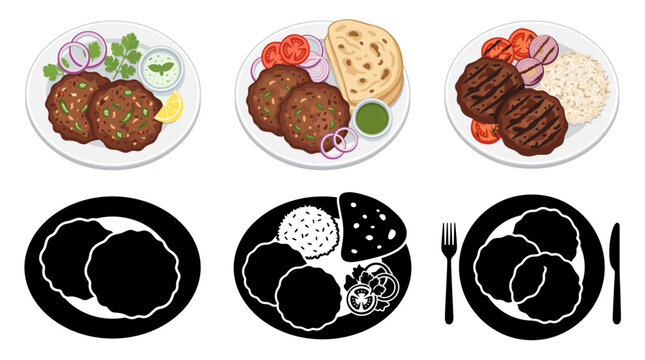 Professional Vector Collection Featuring Traditional Pakistani Chapli Kebab Patties with Grilled Spiced Minced Meat Isolated on White Background