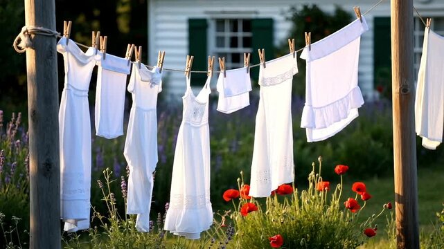 Fresh white laundry hanging on clothesline outdoors in sunny backyard garden