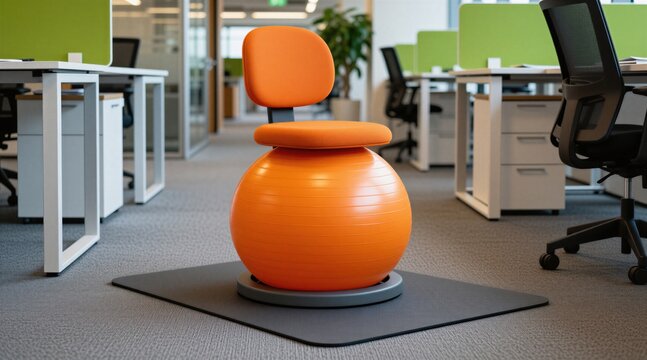 Orange stability ball chair for active sitting stands in modern office space. Ergonomic exercise equipment helps improve posture, back health working. Office furniture promotes physical fitness, body