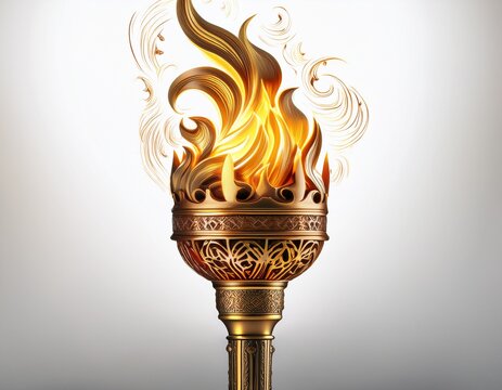 a golden torch with intricate designs burning brightly against a white background