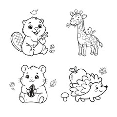 Fototapeta premium Cute Woodland Animals Coloring Page Bundle for Kids, Kawaii Forest Animals Coloring Sheet Set, Printable Line Art Vector