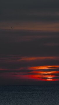 Airplane flying across dark moody sky over calm ocean at dramatic red sunset. Vertical orientation, wide shot, evening twilight atmosphere with colorful clouds.